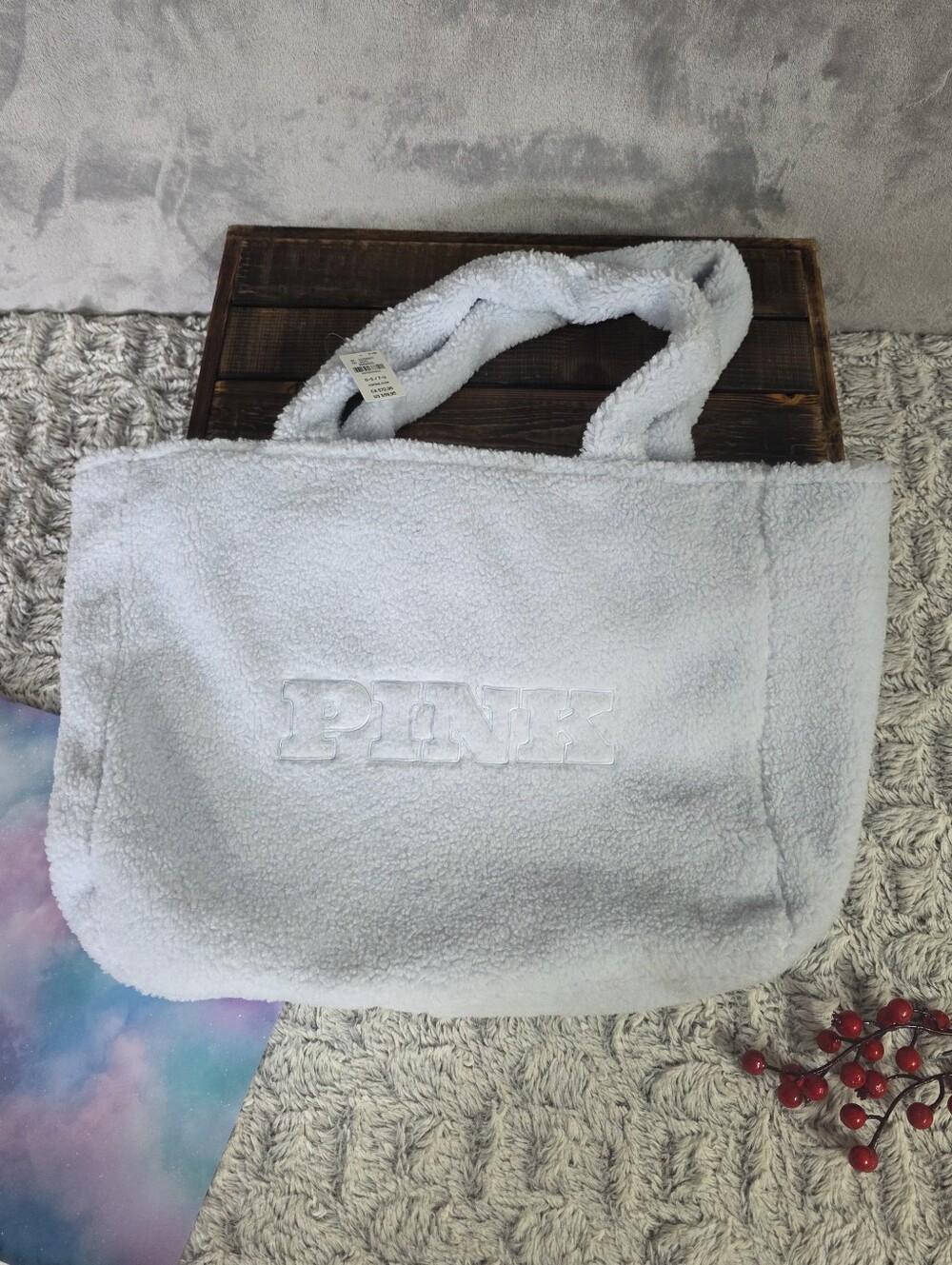 Victoria's Secret PINK Large & Roomy Fuzzy Sherpa Sky Blue Bag